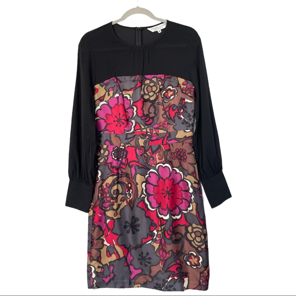 Trina Turk Silk Floral Black Red Purple Long Sleeve Dress Size 6